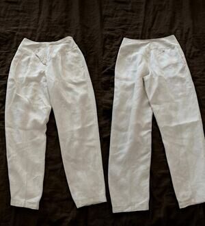 Vintage Linen Asymmetrical V Waist Pleated Tapered Pants Cream Off White takezo